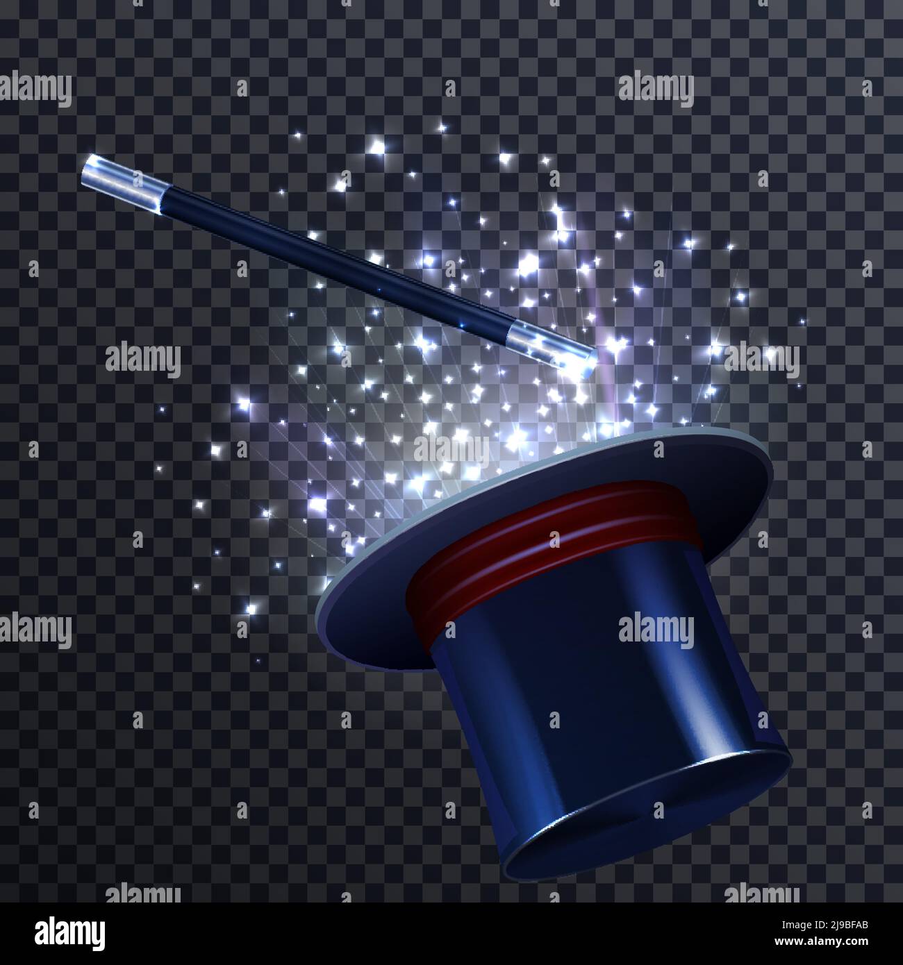 Tale composition with glittering effect magic wand and magician hat on transparent background realistic vector illustration Stock Vector