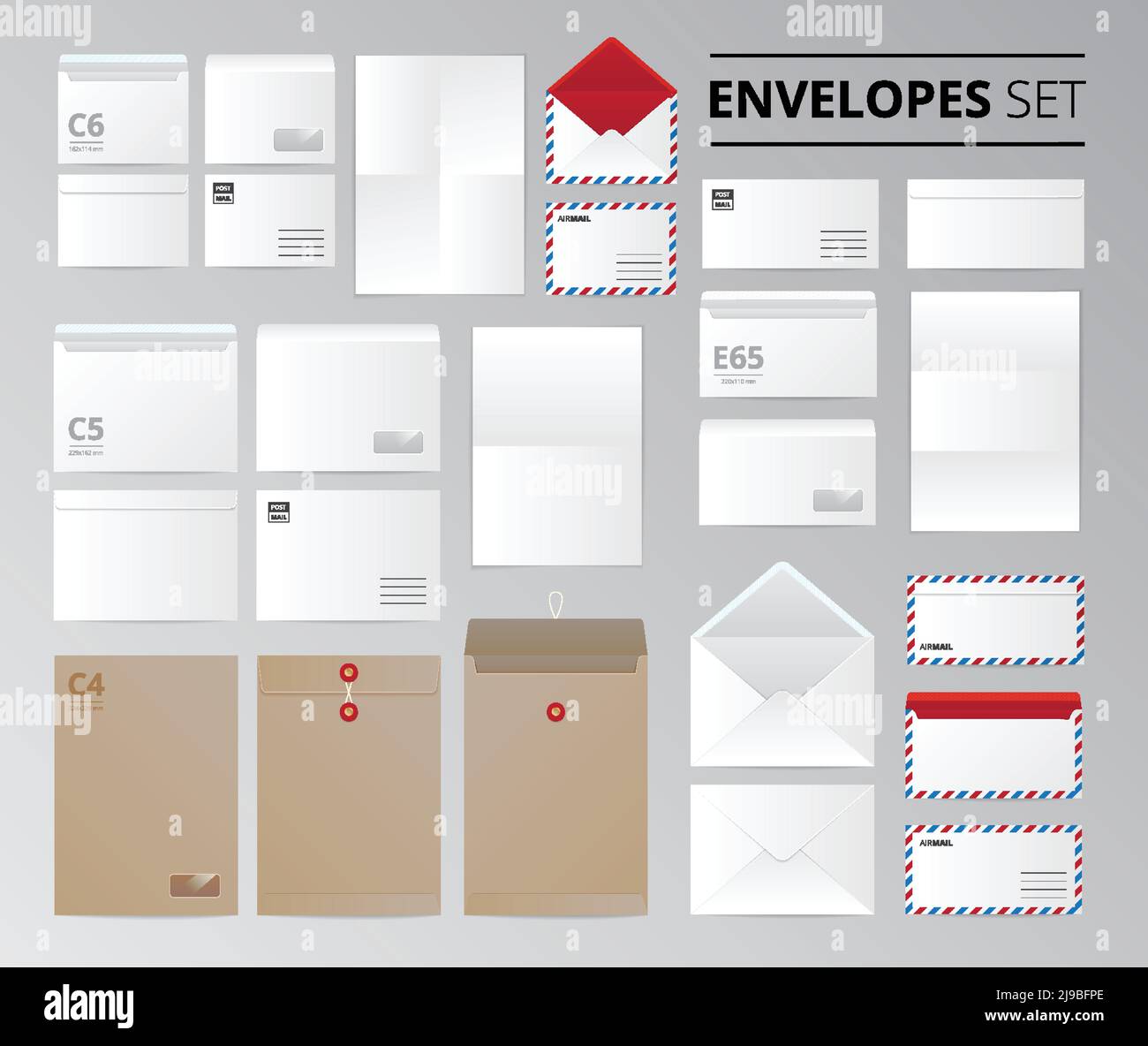 Realistic paper office envelopes document letter set of isolated images ...