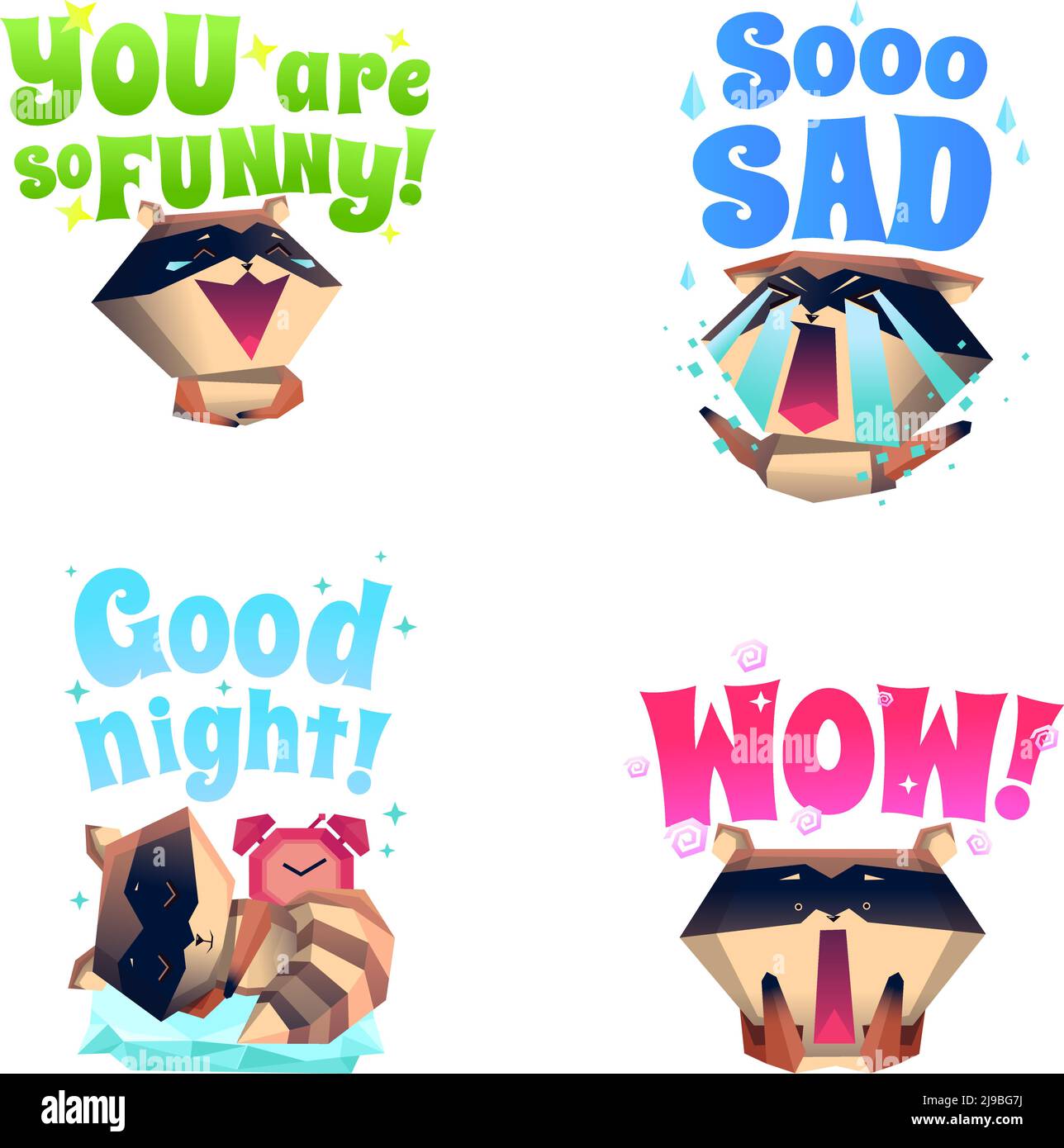 Funny raccoon fictional cartoon character 4 icons composition in funny ...