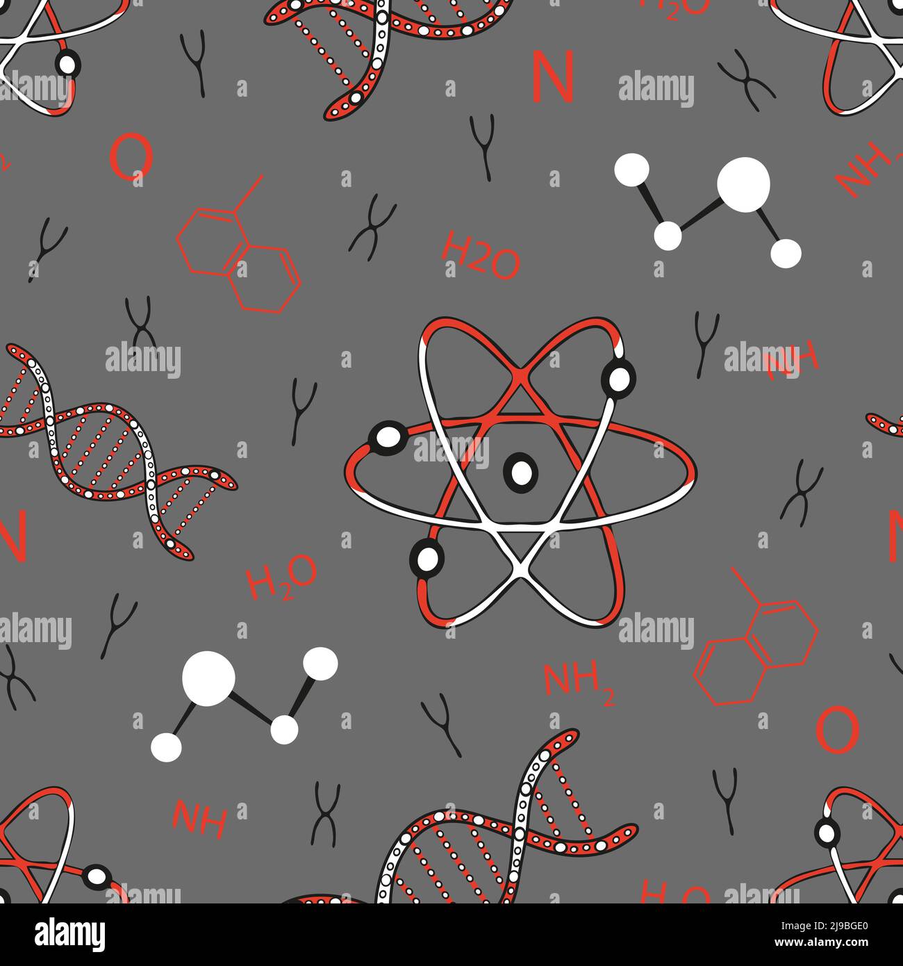 Seamless vector pattern with DNA and atom on grey background. Simple science wallpaper design. Decorative chemical symbol fashion textile. Stock Vector