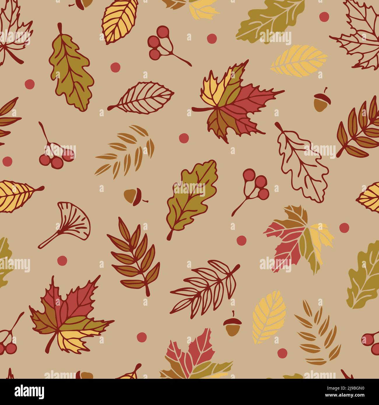 Seamless vector pattern with autumn leaves on light green background. Simple seasonal forest wallpaper design. Decorative floral fashion textile. Stock Vector
