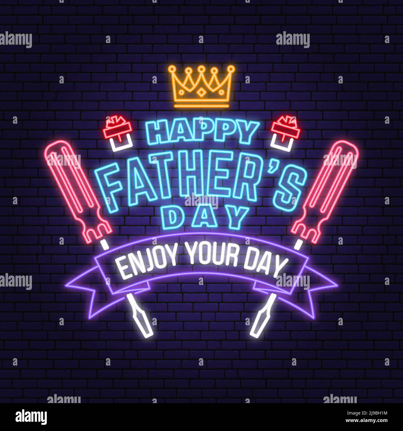 Happy Father's Day. Enjoy your day badge, logo Neon sign. Vector illustration. Vintage style Father's Day Designs with crown, gift, screwdriver bright Stock Vector