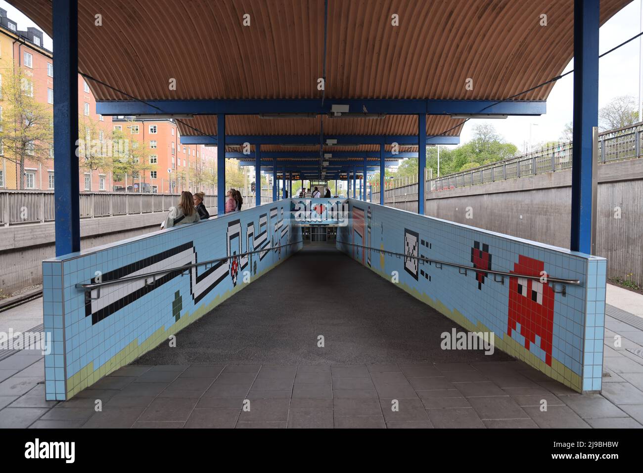 Pixelated artwork by Lars Arrhenius in the Thorildsplan metro station (Tunnelbana) in Stockholm, Sweden; a street-level surface station Stock Photo
