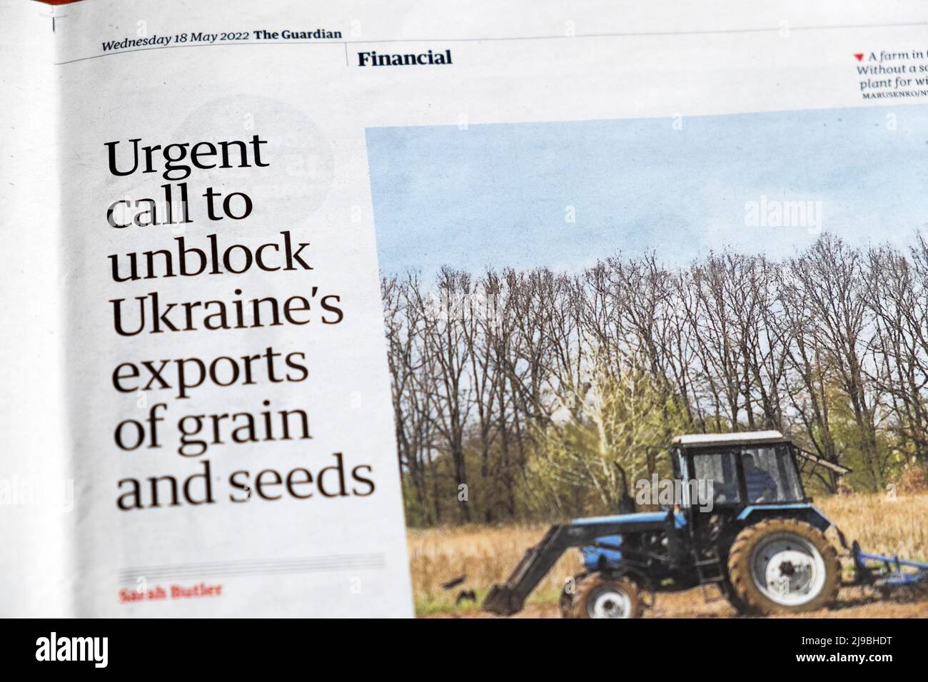 'Urgent call to unblock Ukraine's exports of grain and seeds' Guardian newspaper headline Ukraine production crisis clipping 18 May 2022 London UK Stock Photo