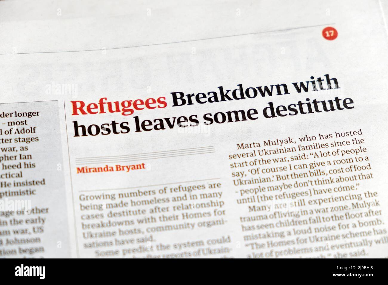 Homes for Ukraine 'Refugees Breakdown with hosts leaves some destitute' Guardian newspaper headline clipping 18 May 2022 London UK Stock Photo