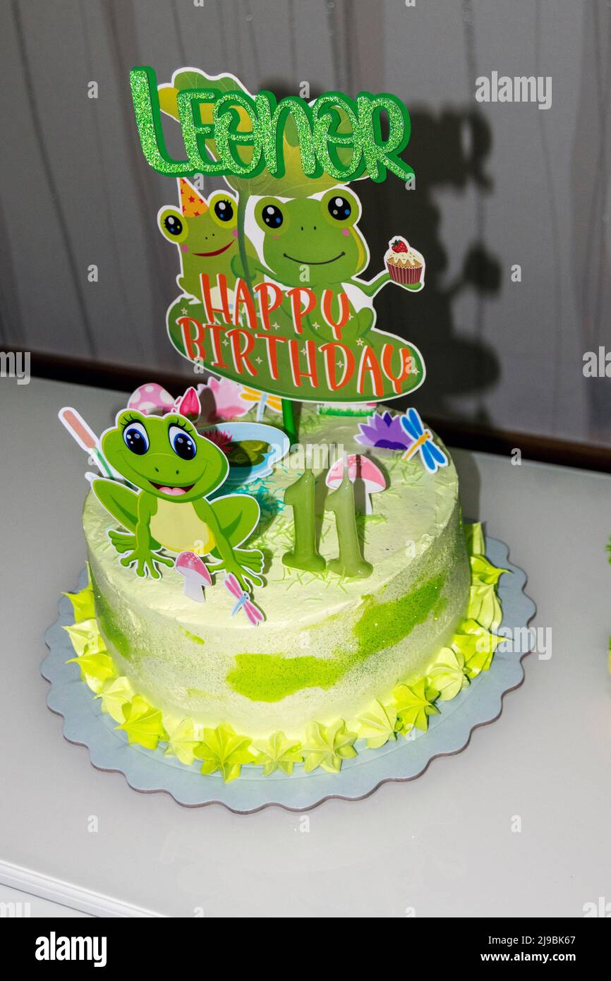 Birthday cake for 11 years old kid with frogs, anniversary at home, greenish cake. Stock Photo