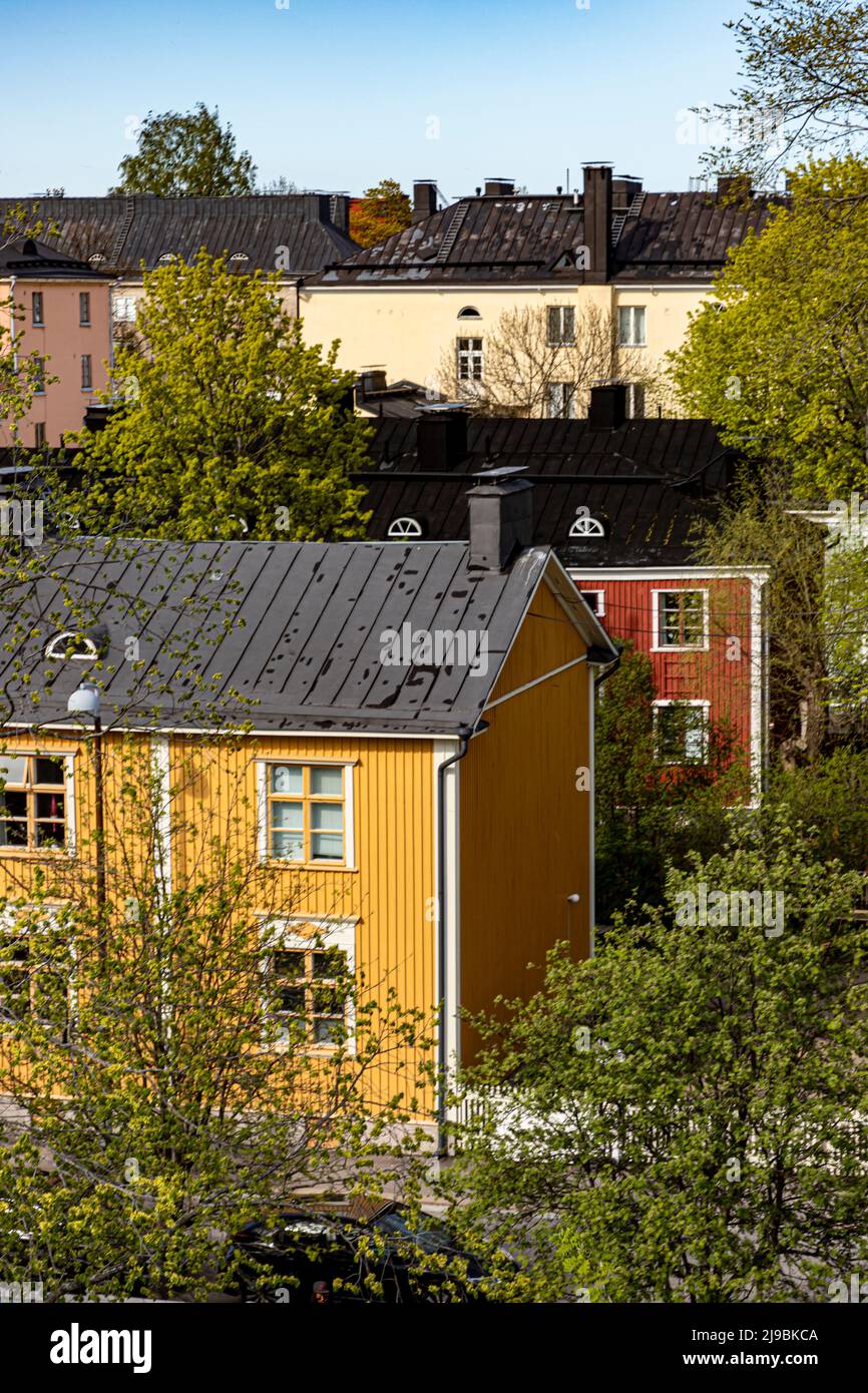 Residential buildings by Keuruuntie in the Vallila wooden house district of Helsinki, Finland. Stock Photo