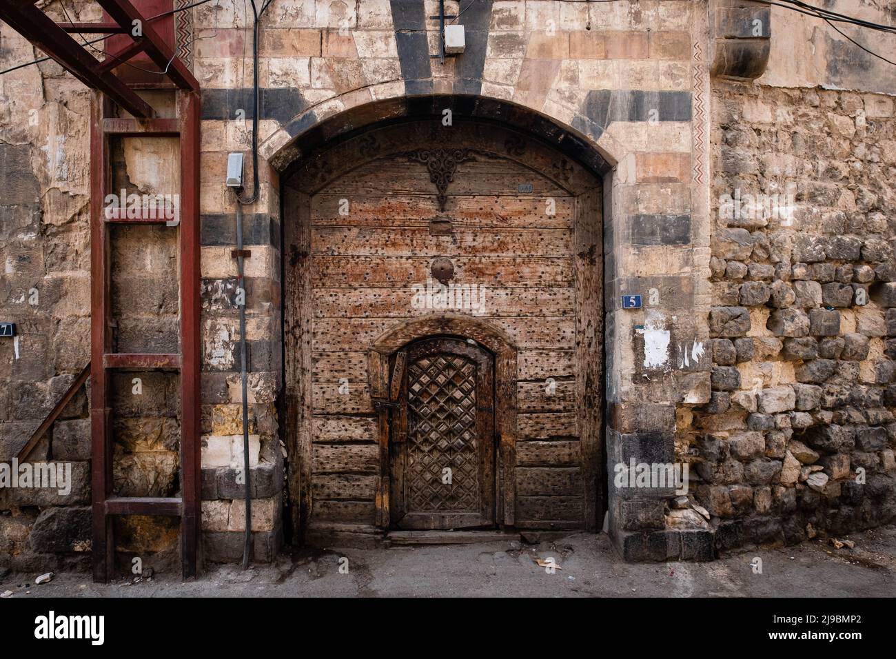 historical, wooden door and gate in old city of Damascus Stock Photo