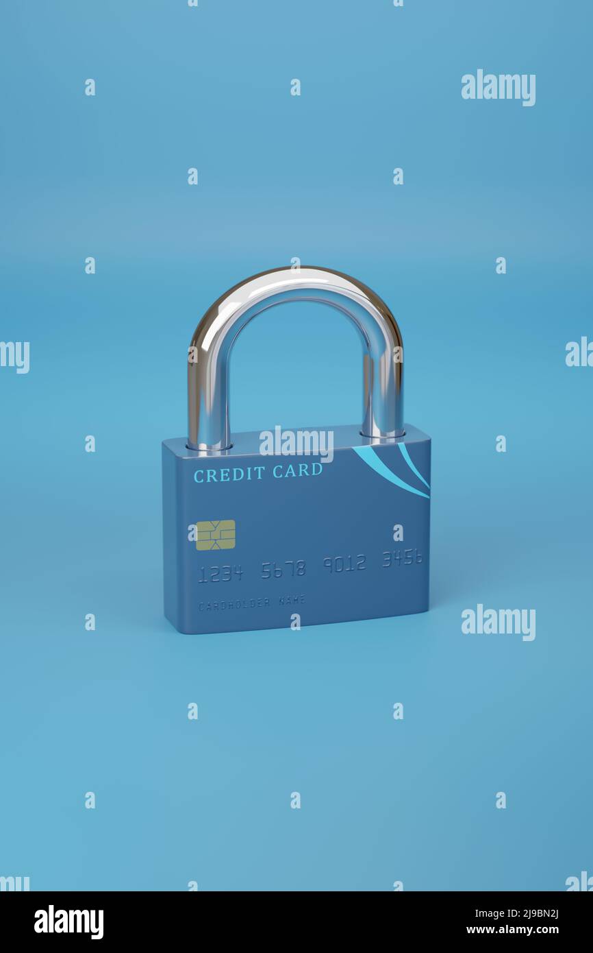 Credit card in the shape of a closed padlock. Security concept. 3d illustration. Stock Photo