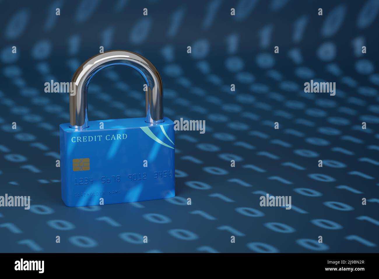Credit card in the shape of a closed padlock on a background of binary code with copy space. Computer security concept. 3d illustration. Stock Photo