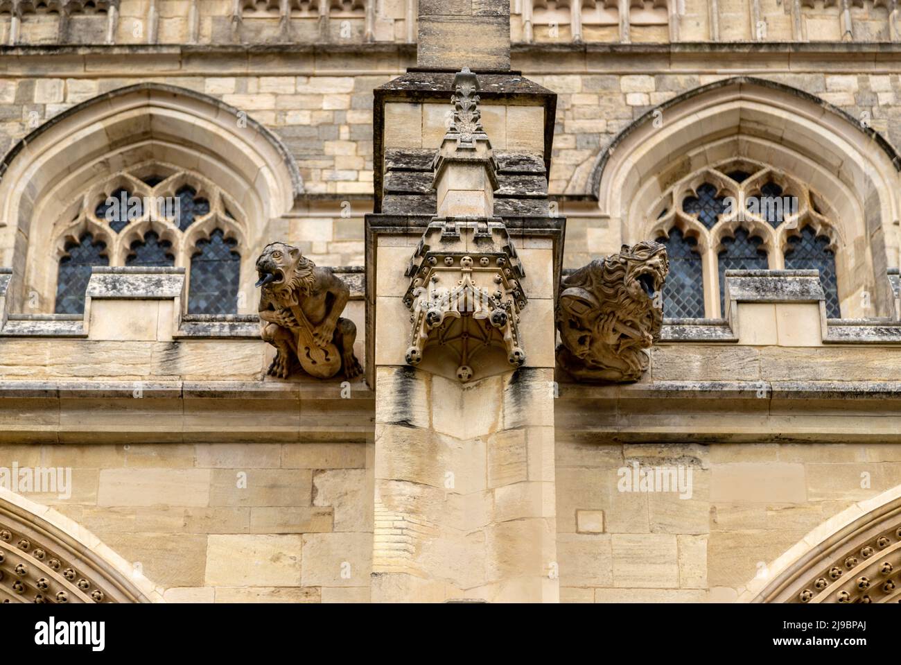 Stone lion gargoyles play a lute, decorative rainspouts on the facade