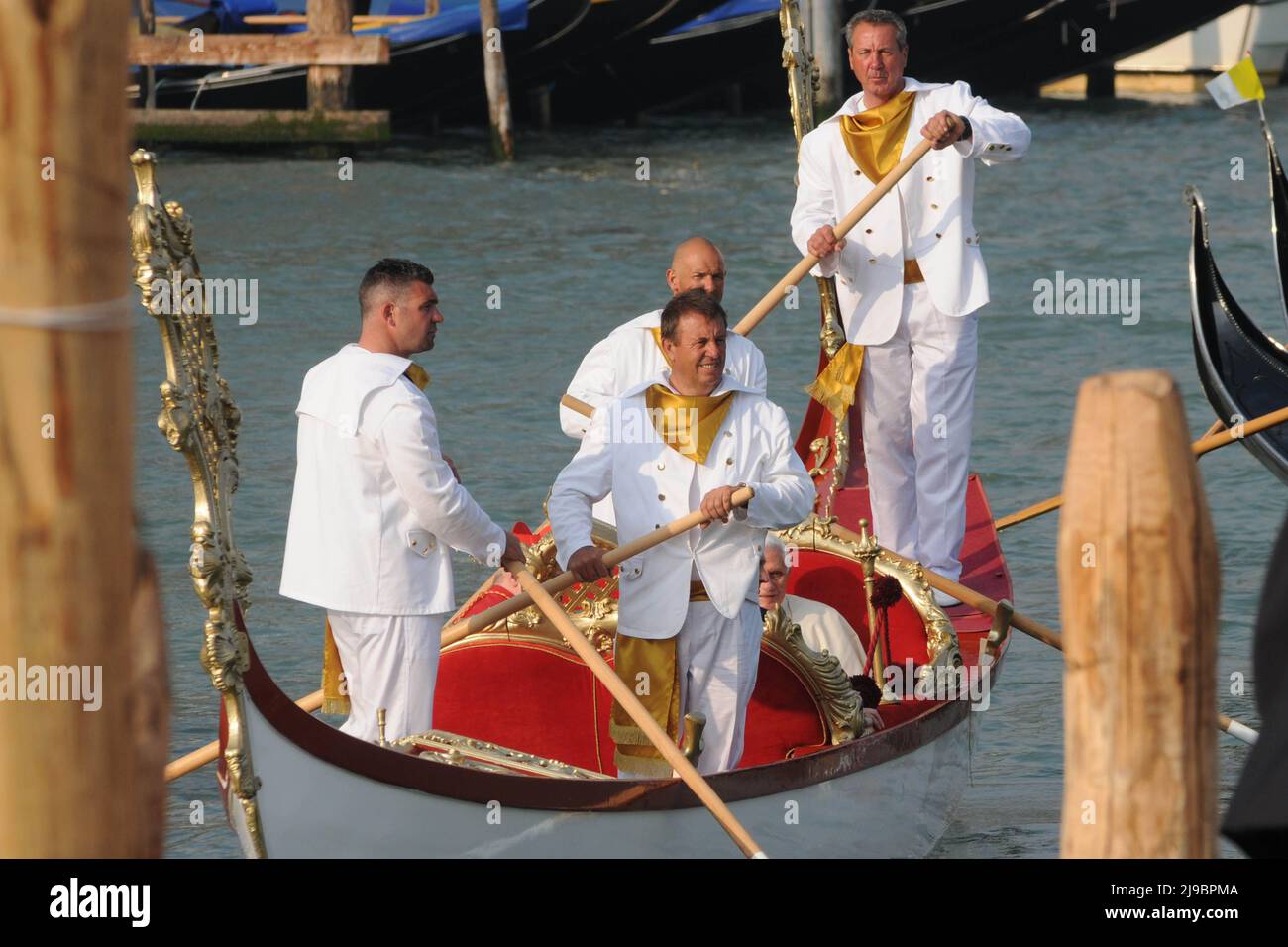 Pope Benedict XVI is transported in a gondola in the Gran Canal during his pastoral visit in Venice May 8, 2011. Stock Photo