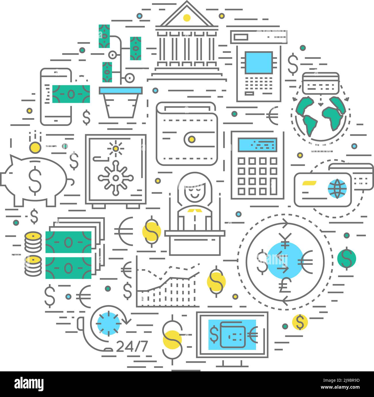 Financial business round composition with bank money and credit cards currency exchange and customer service vector illustration Stock Vector