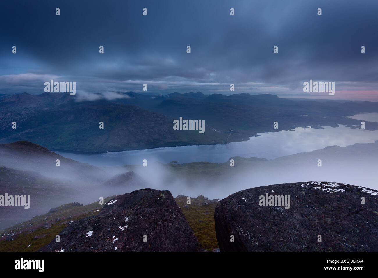 View over Loch Maree from Slioch, Torridon, at dusk. Stock Photo