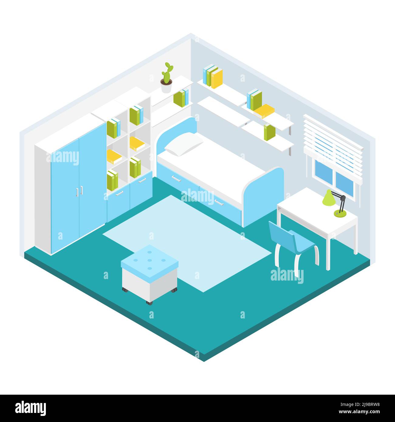 Colored isometric children room composition in bright colors with ...