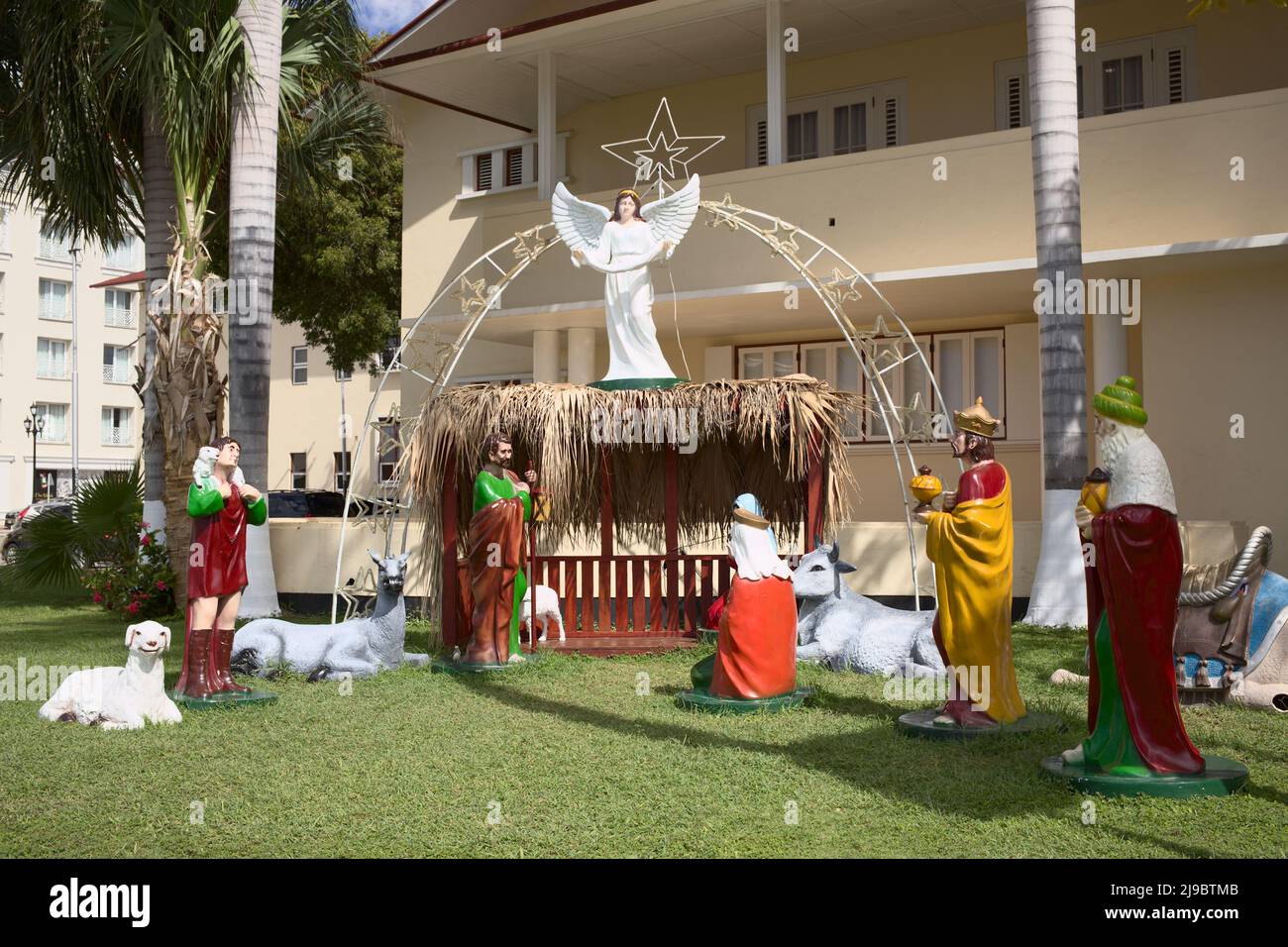 ORANJESTAD, ARUBA - DECEMBER 16, 2020: Nativity scene outside the Parliament building along L. G. Smith Blvd in the city center of Oranjestad, Aruba Stock Photo