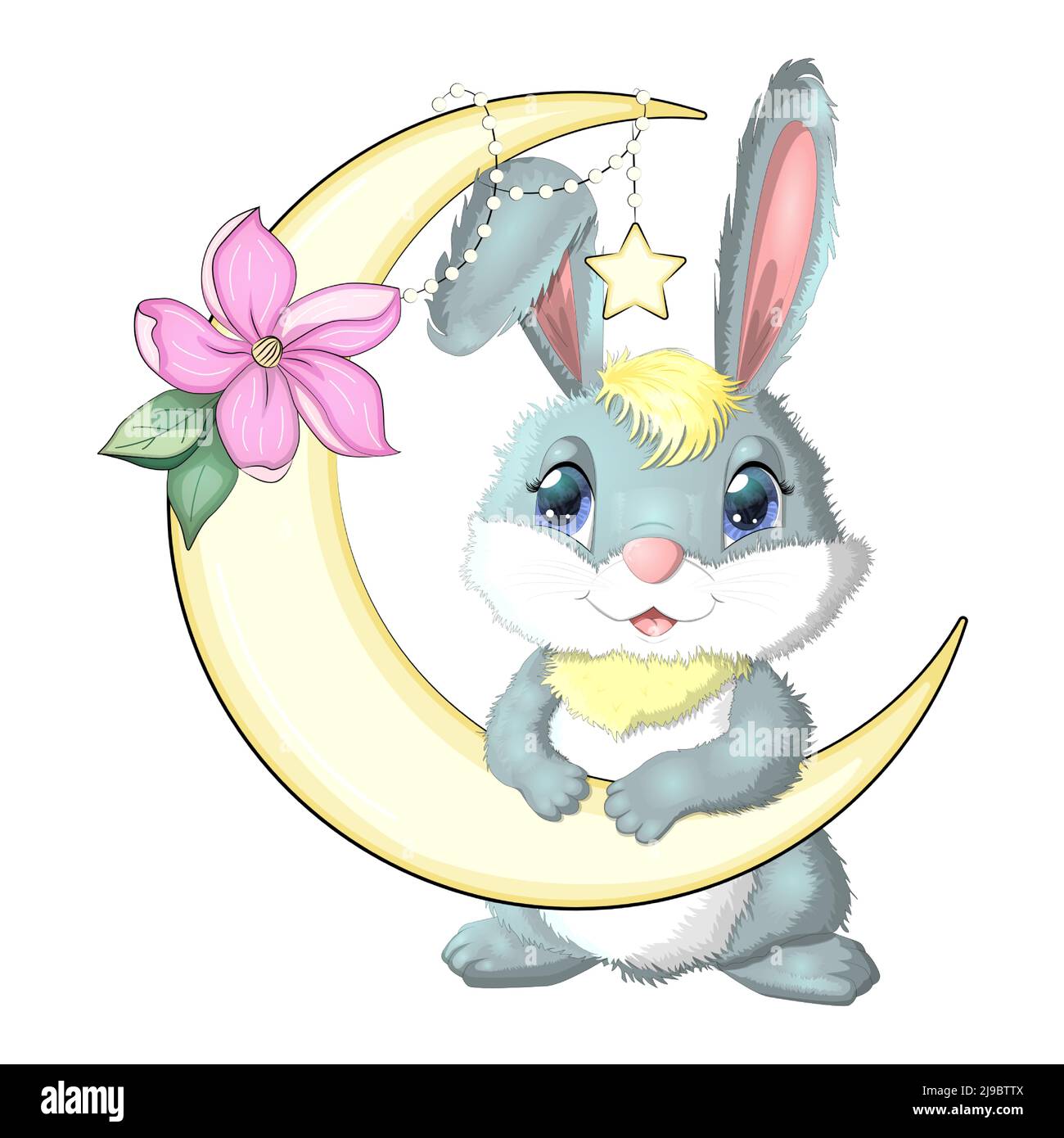 Cartoon rabbit, hare on the moon with flowers and stars. Cute child  character, symbol of 2023 new chinese year Stock Vector Image & Art - Alamy