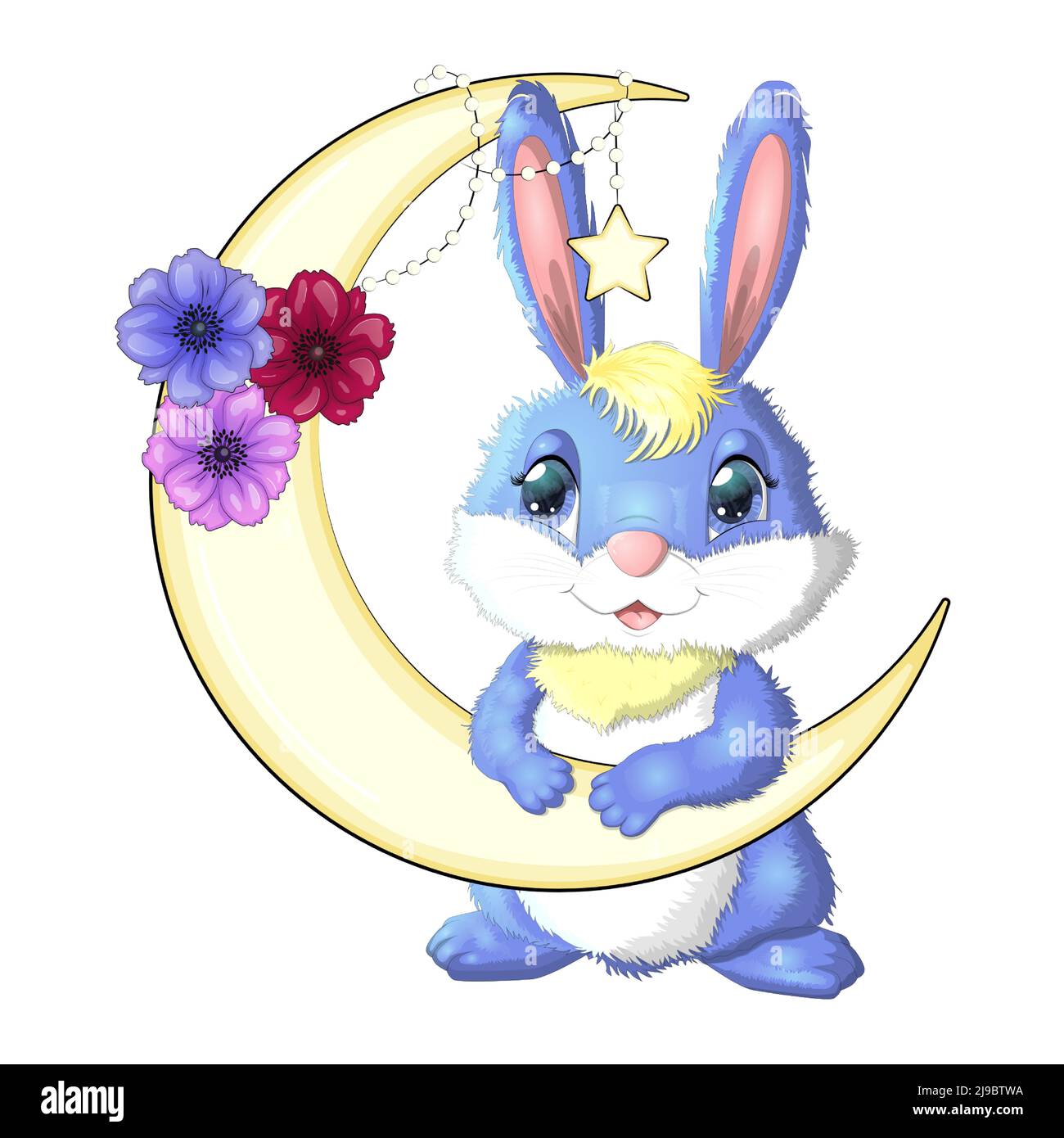 Cartoon rabbit, hare on the moon with flowers and stars. Cute child ...