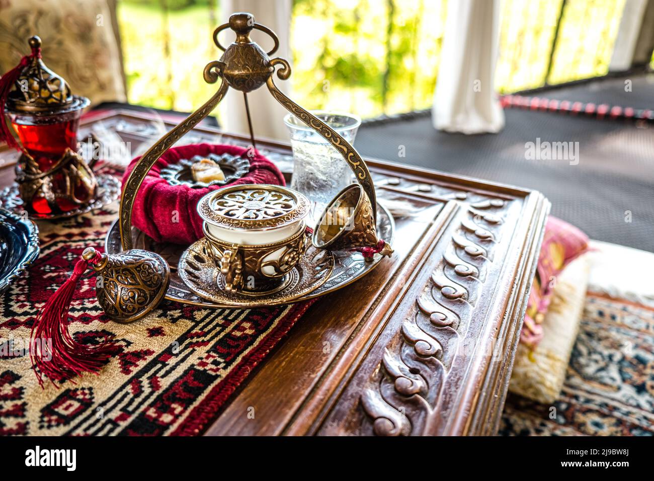 Turkish coffee and tea set in colorful traditional housewares in