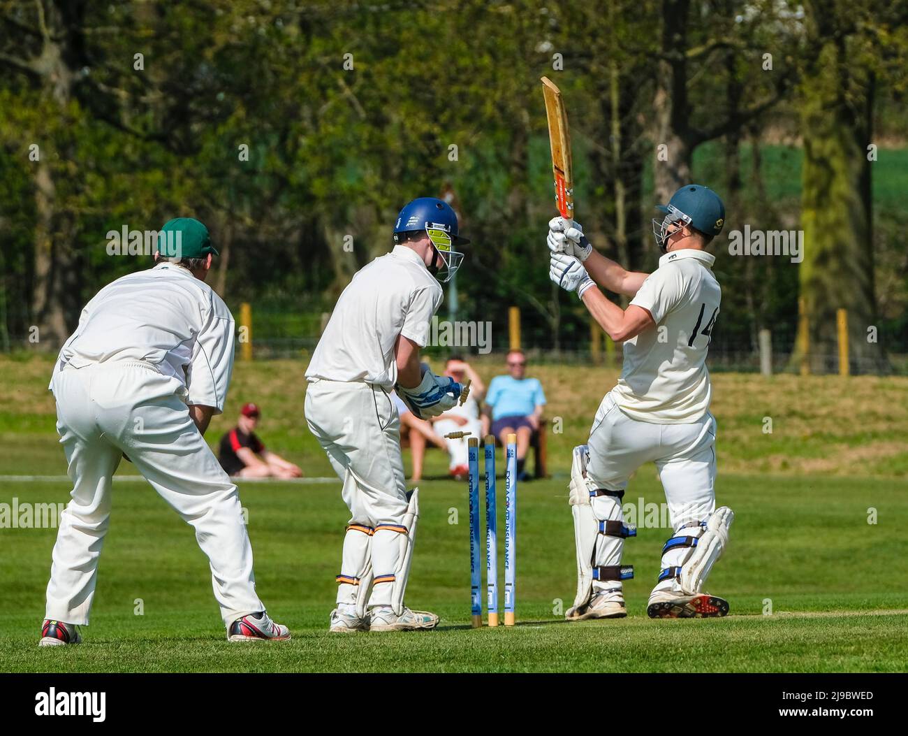 The bails come off as the batsman is bowled out. Stock Photo