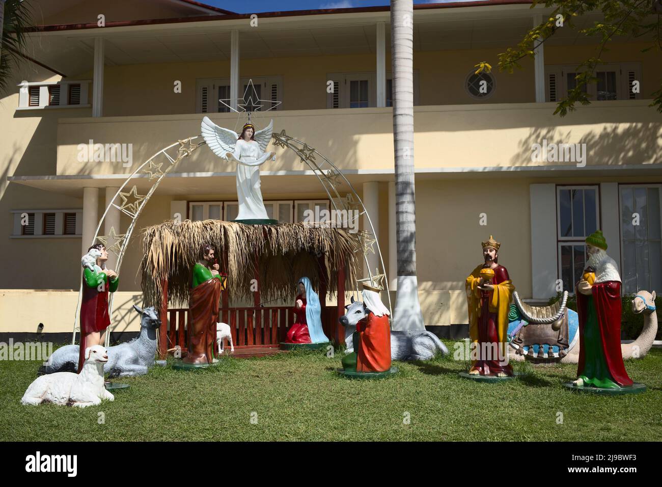ORANJESTAD, ARUBA - DECEMBER 20, 2020: Nativity scene outside the Parliament building along L. G. Smith Blvd in the city center of Oranjestad, Aruba Stock Photo