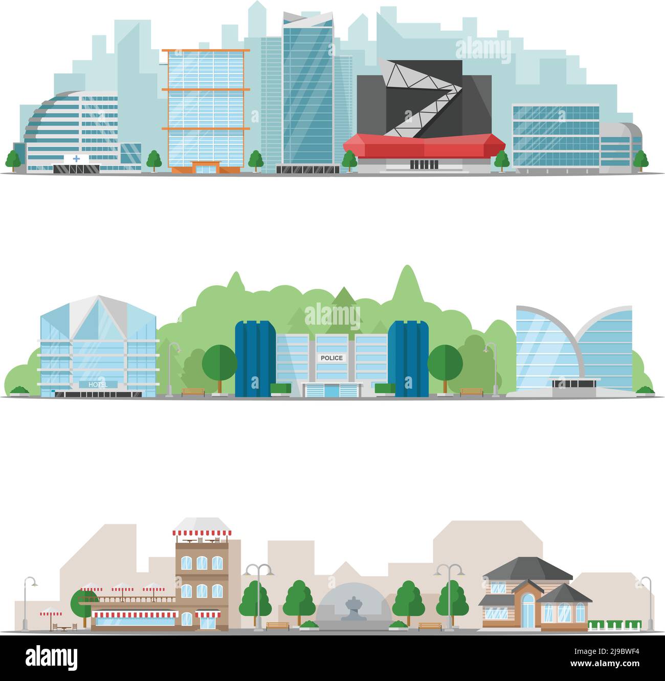 Three horizontal big city skylines banner set with colored beautiful urban buildings and landscapes vector illustration Stock Vector