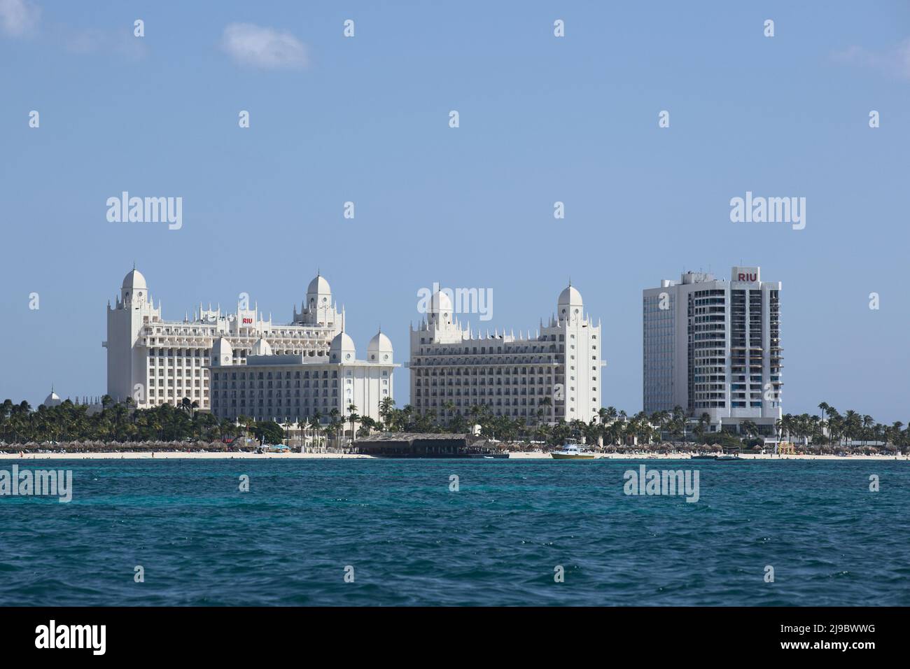 PALM BEACH, ARUBA - OCTOBER 17, 2021: View from the sea of the Hotel Riu Palace along Palm Beach on the Caribbean island of Aruba Stock Photo