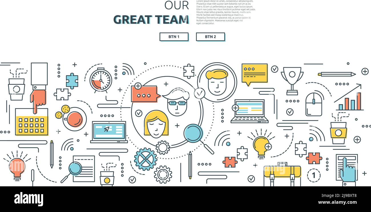 Great team horizontal linear concept with creative ideas business relationships training and reports computer technologies vector illustration Stock Vector
