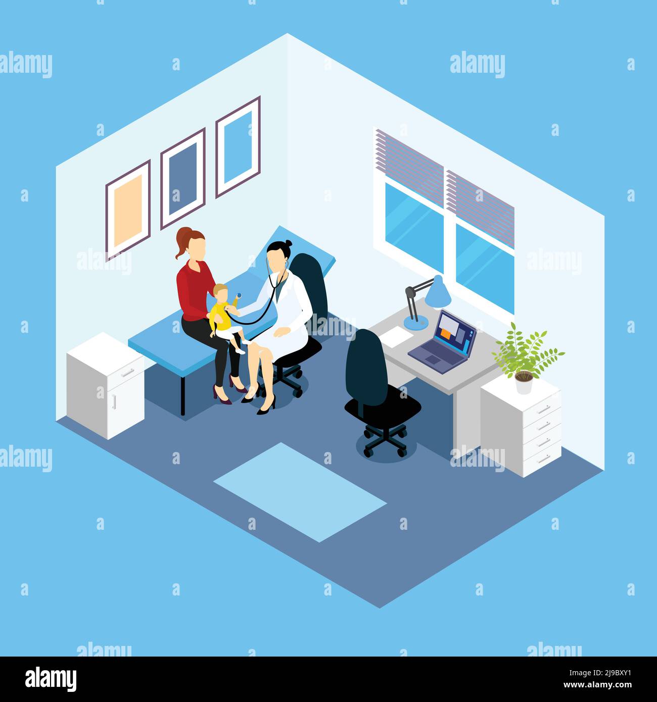 Reception at pediatrician isometric design with doctor woman and child on couch in counsulting room vector illustration Stock Vector