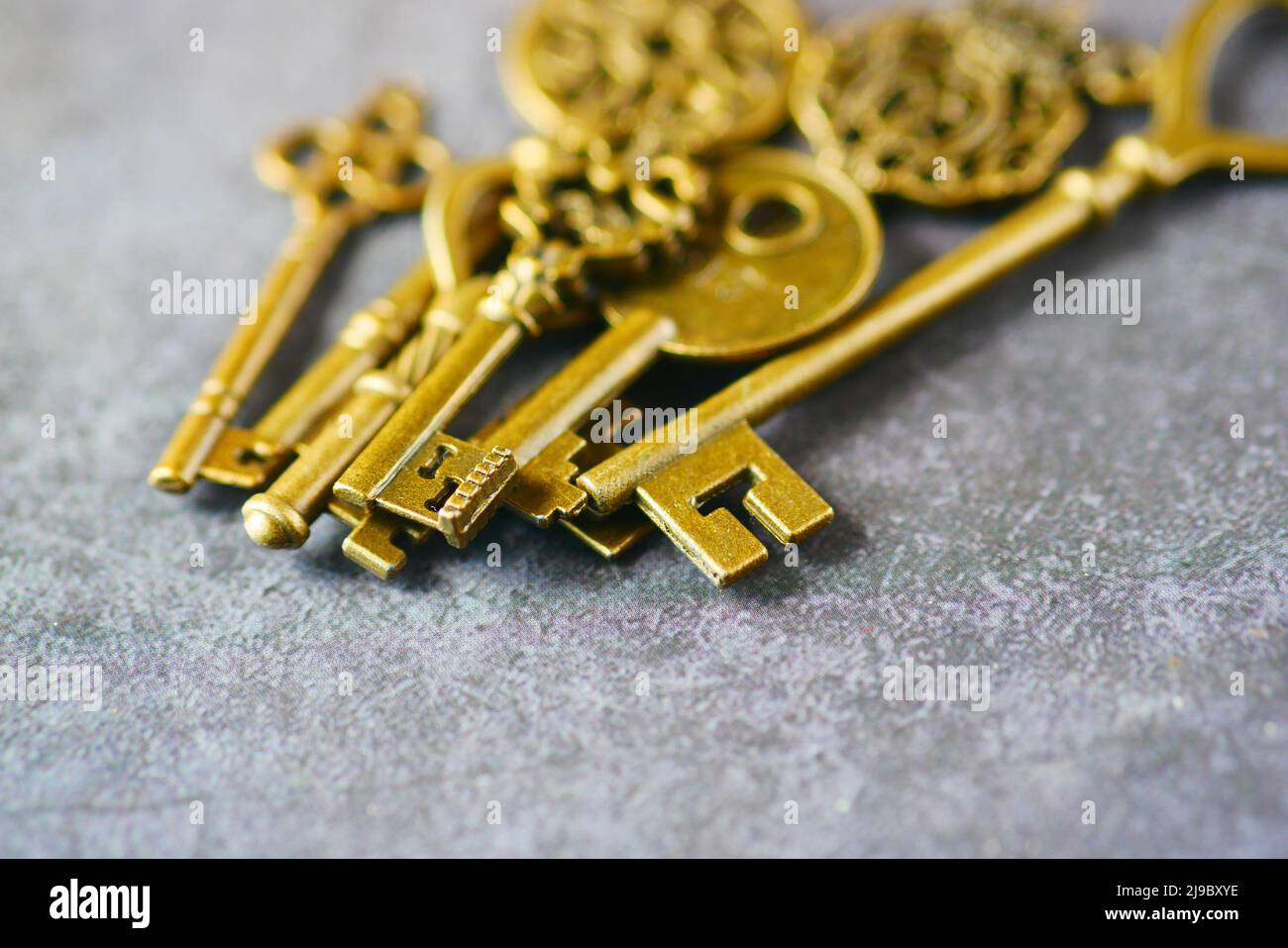 many old keys on table close up Stock Photo