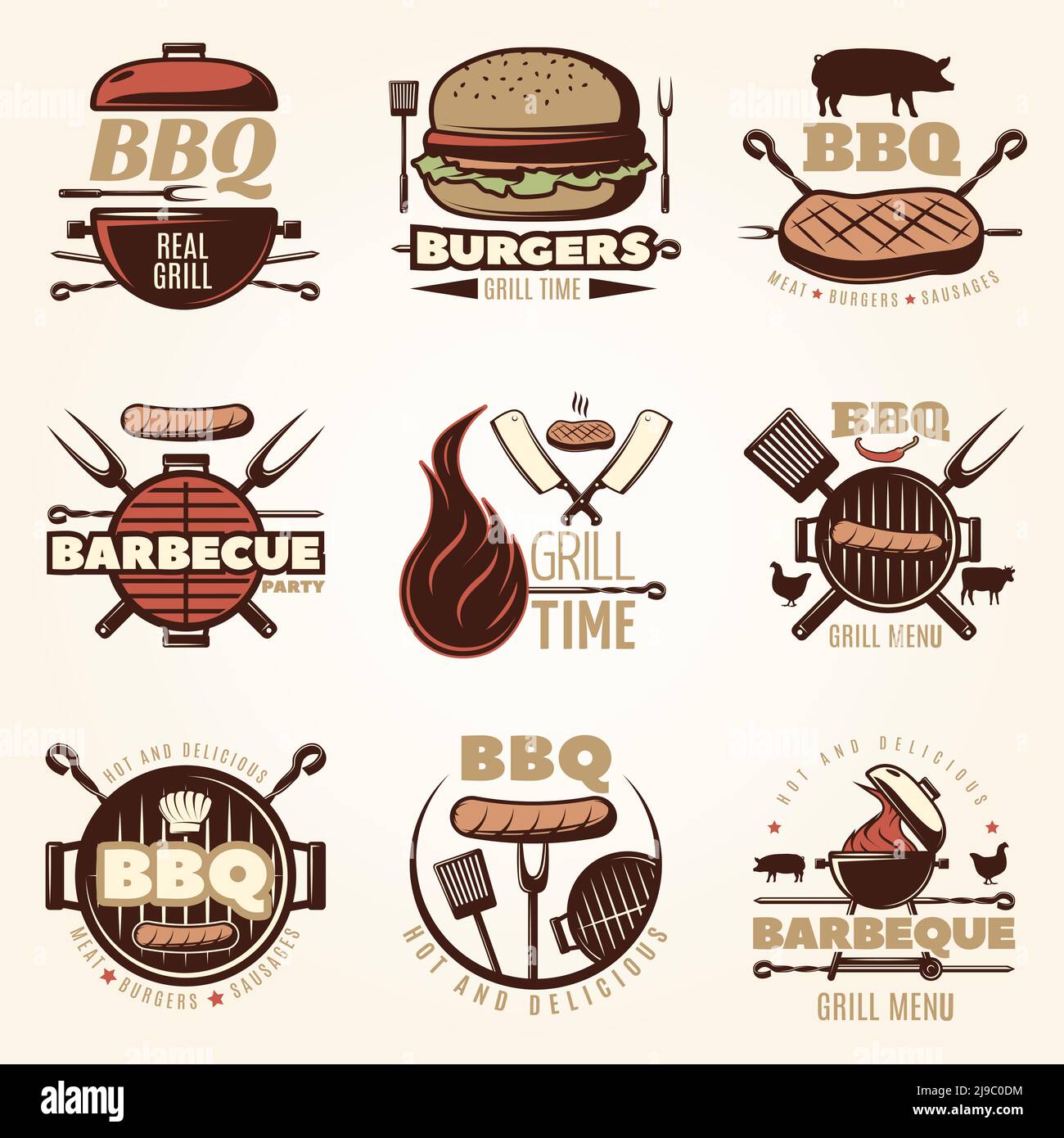 BBQ isolated emblems set with sausage on frying pan barbecue grill meat ...