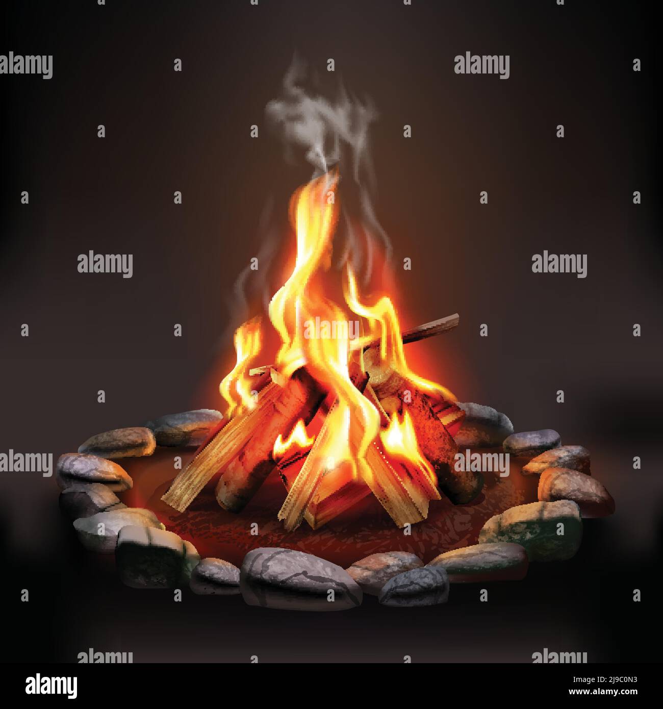 Burning wood campfire with orange flame surrounded by stones on dark ...