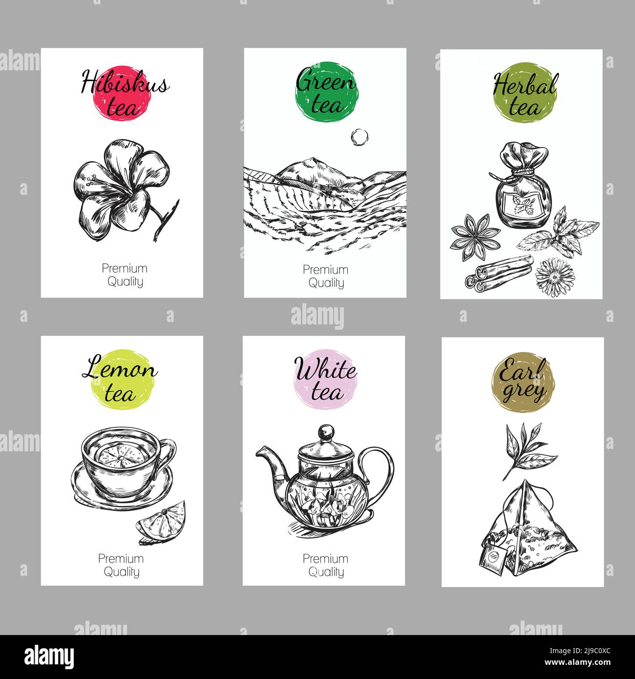 Tea label set with hibiscus green herbal lemon white and earl grey tea