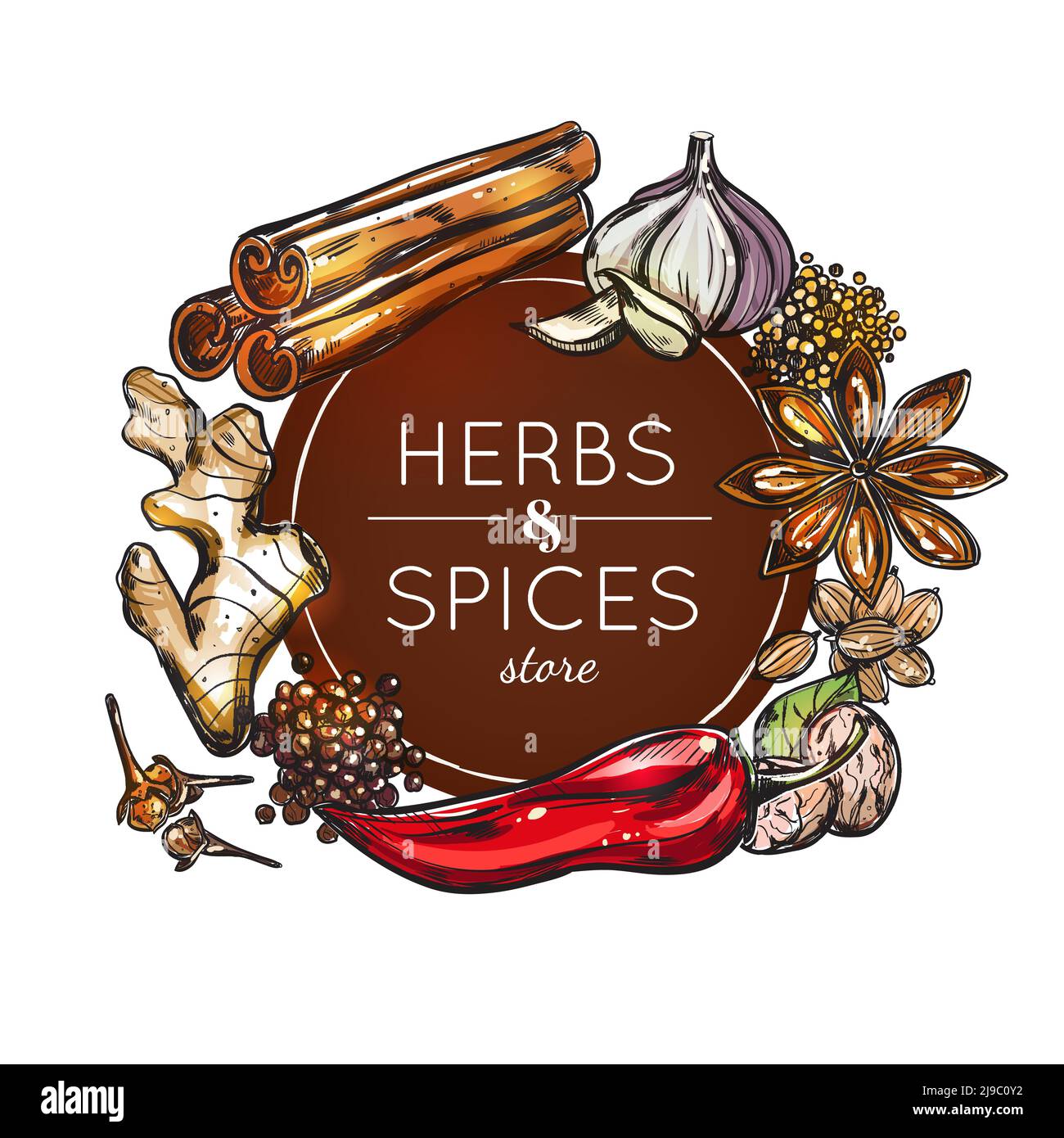Colored spice and herb store emblem with spices for use in different