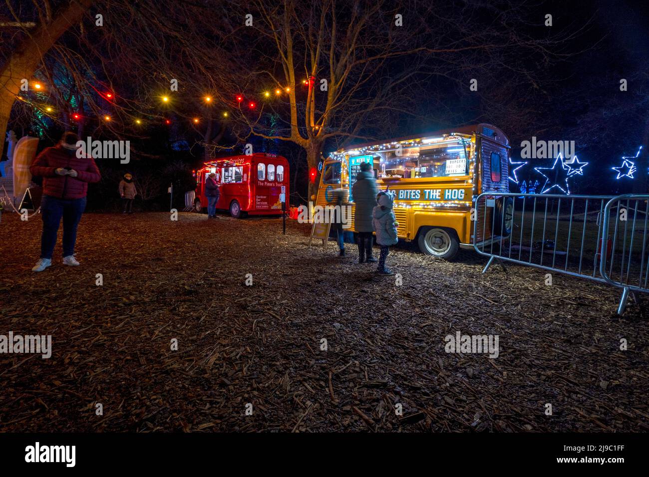 Hot dog vans in the Christmas light show in Edinburgh. Stock Photo