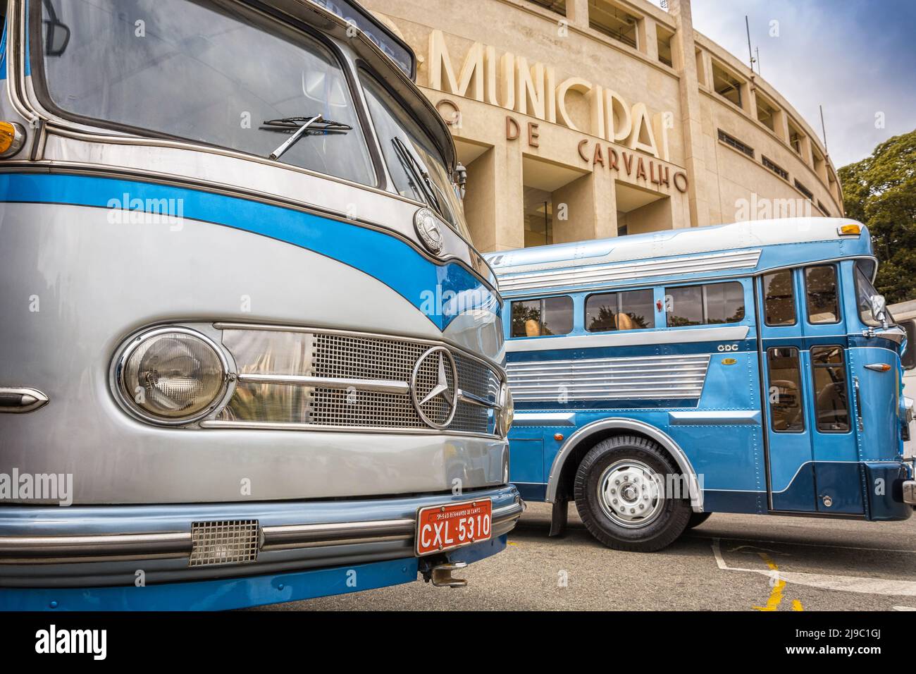 Detail of old Mercedes-Benz bus and GMC ODC-210 1954 on display at Bus Brasil Fest (BBF 2019), held in the city of São Paulo. Stock Photo