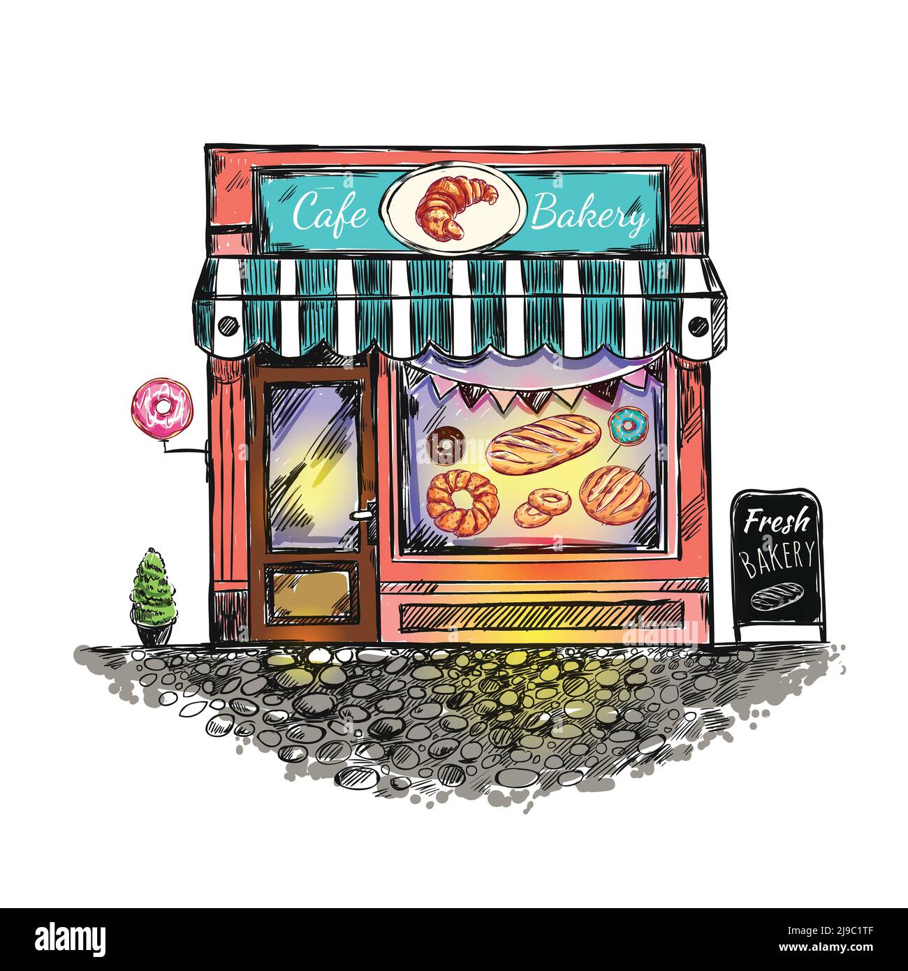 Colored outdoor cafe bakery sketch with donut baking bread print on window vector illustration Stock Vector
