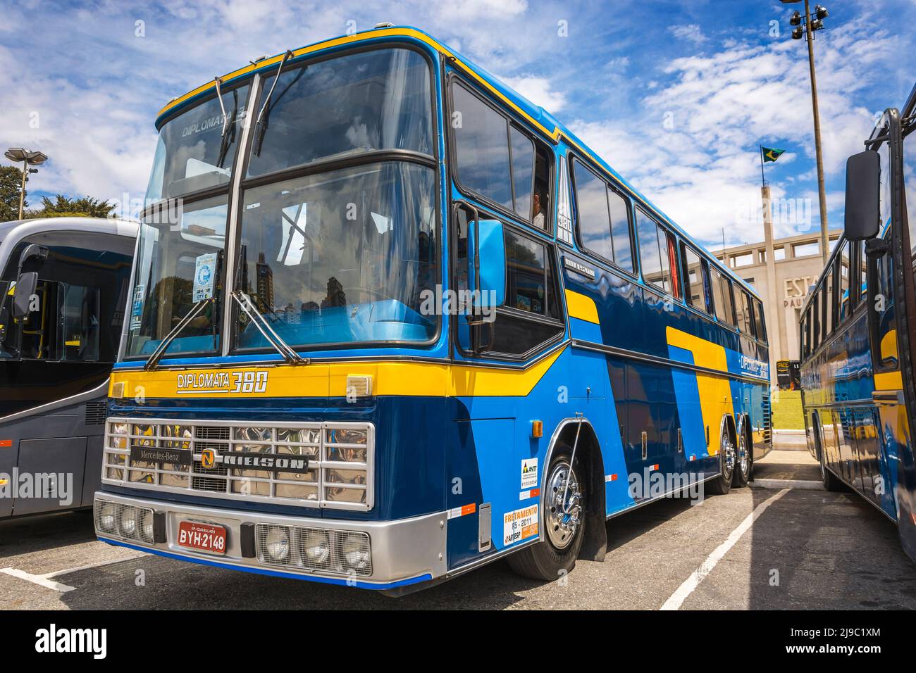 Detail of old bus Nielson Diplomata 380 restored on display at Bus Brasil Fest (BBF 2019), held in the city of São Paulo. Stock Photo