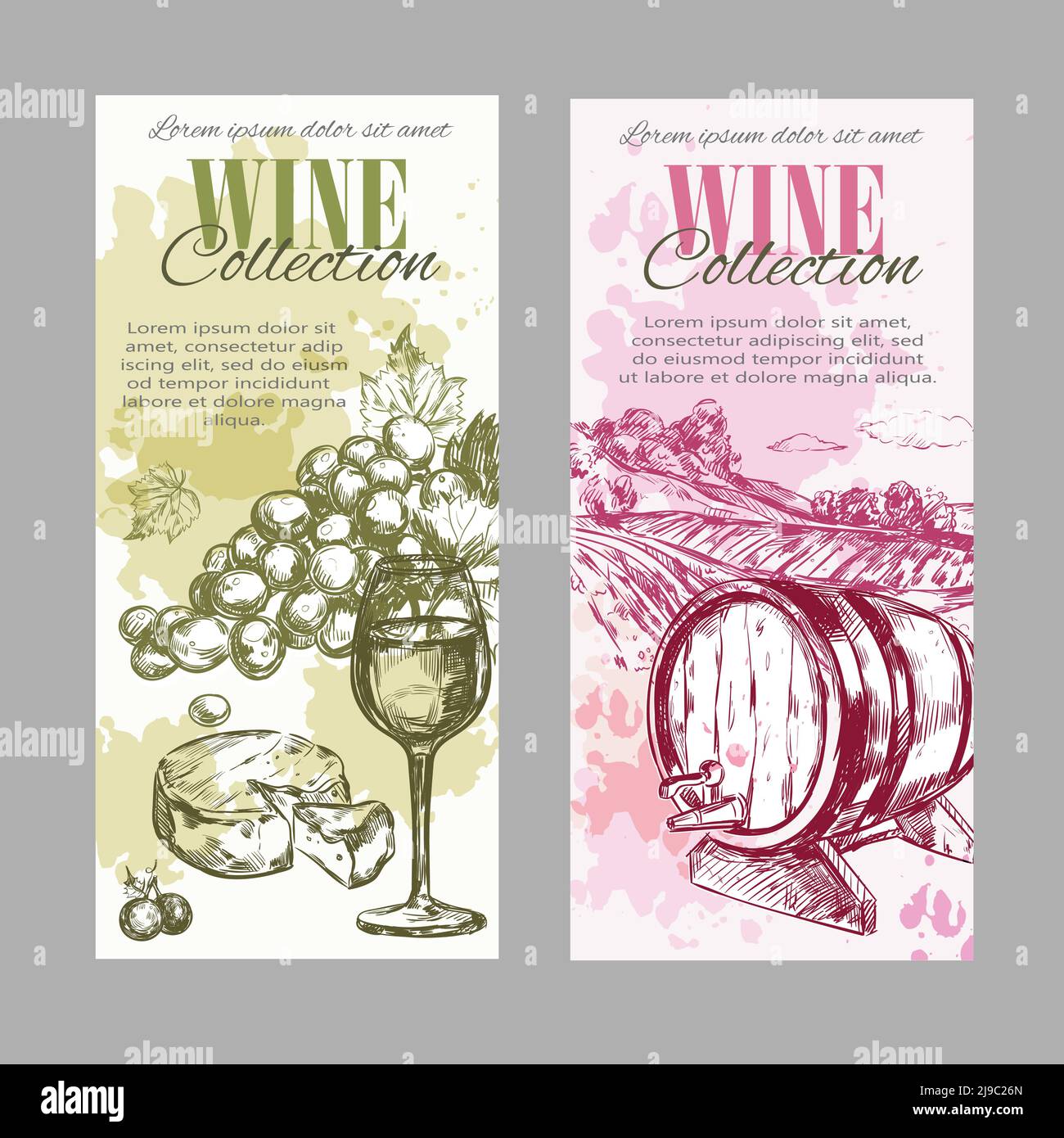 Two vertical wine vineyard label set with wine collection descriptions