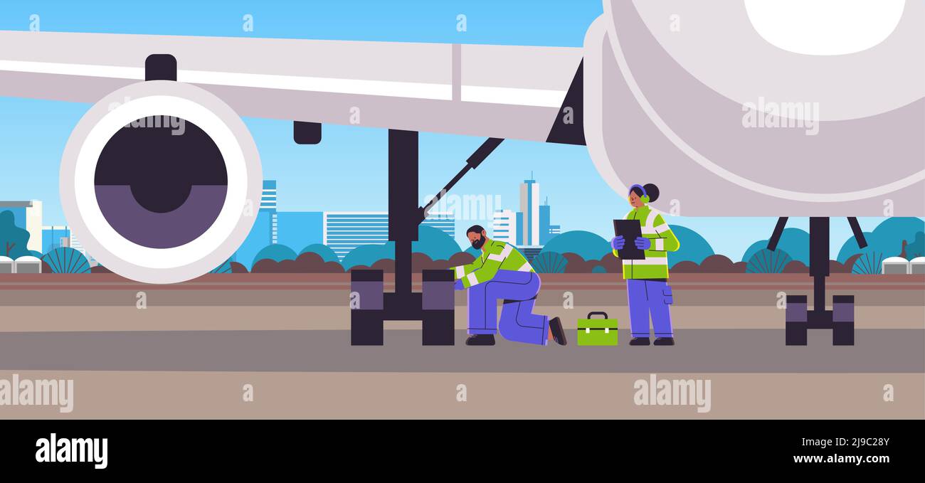 aviation supervisors mechanic and marshal in signal vests engineers checking aircraft landing gear wheel professional airport staff Stock Vector