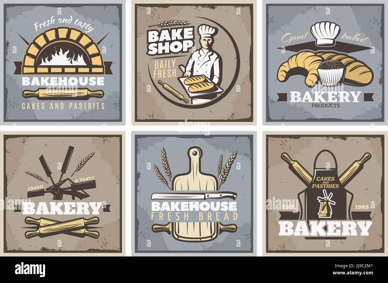 Six square bake shop compositions with bakery symbols and editable captions on gray and brown background vector illustration Stock Vector