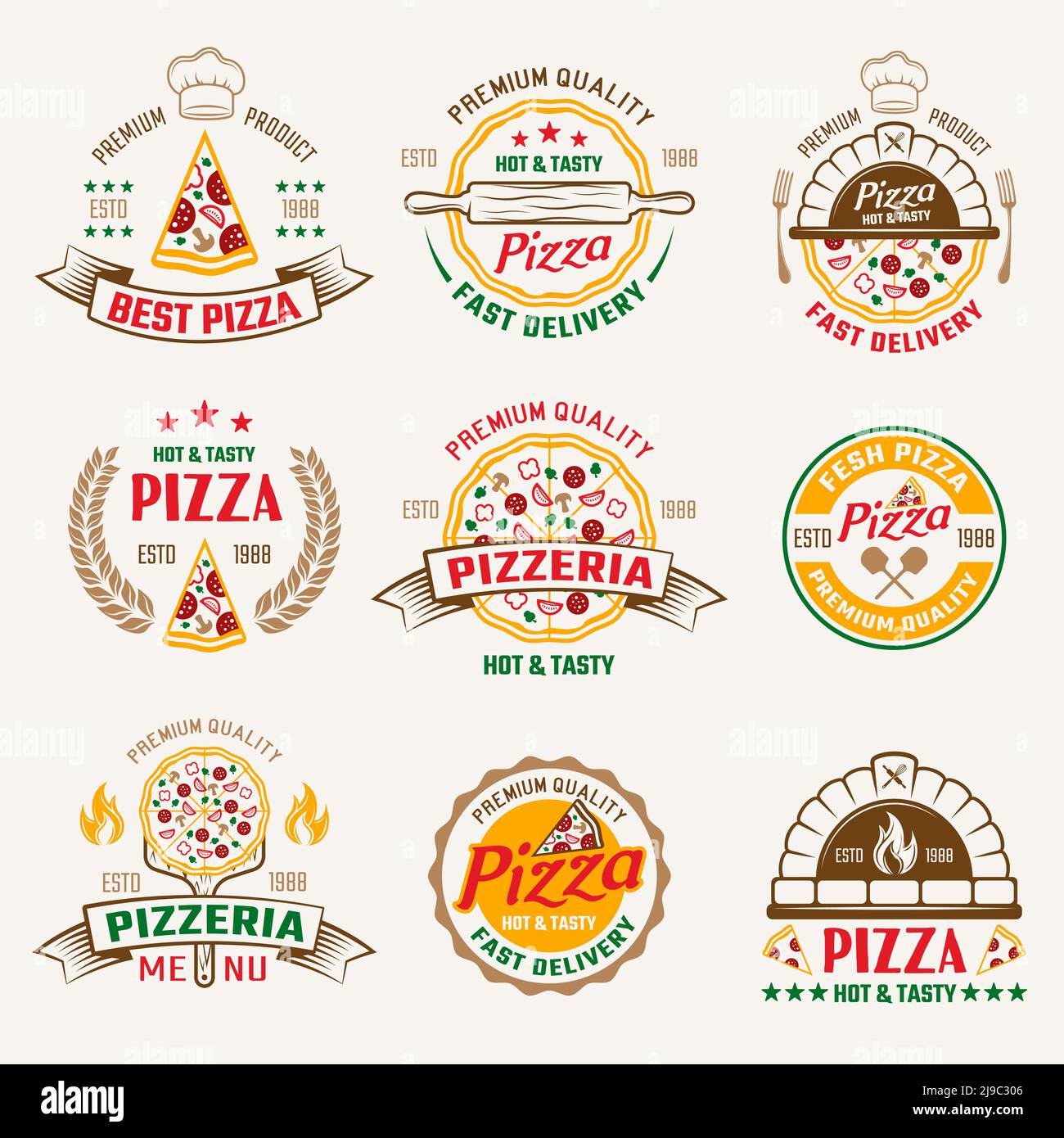 Pizzeria colored emblems with oven and utensils product quality letterings wheat and stars isolated vector illustration Stock Vector