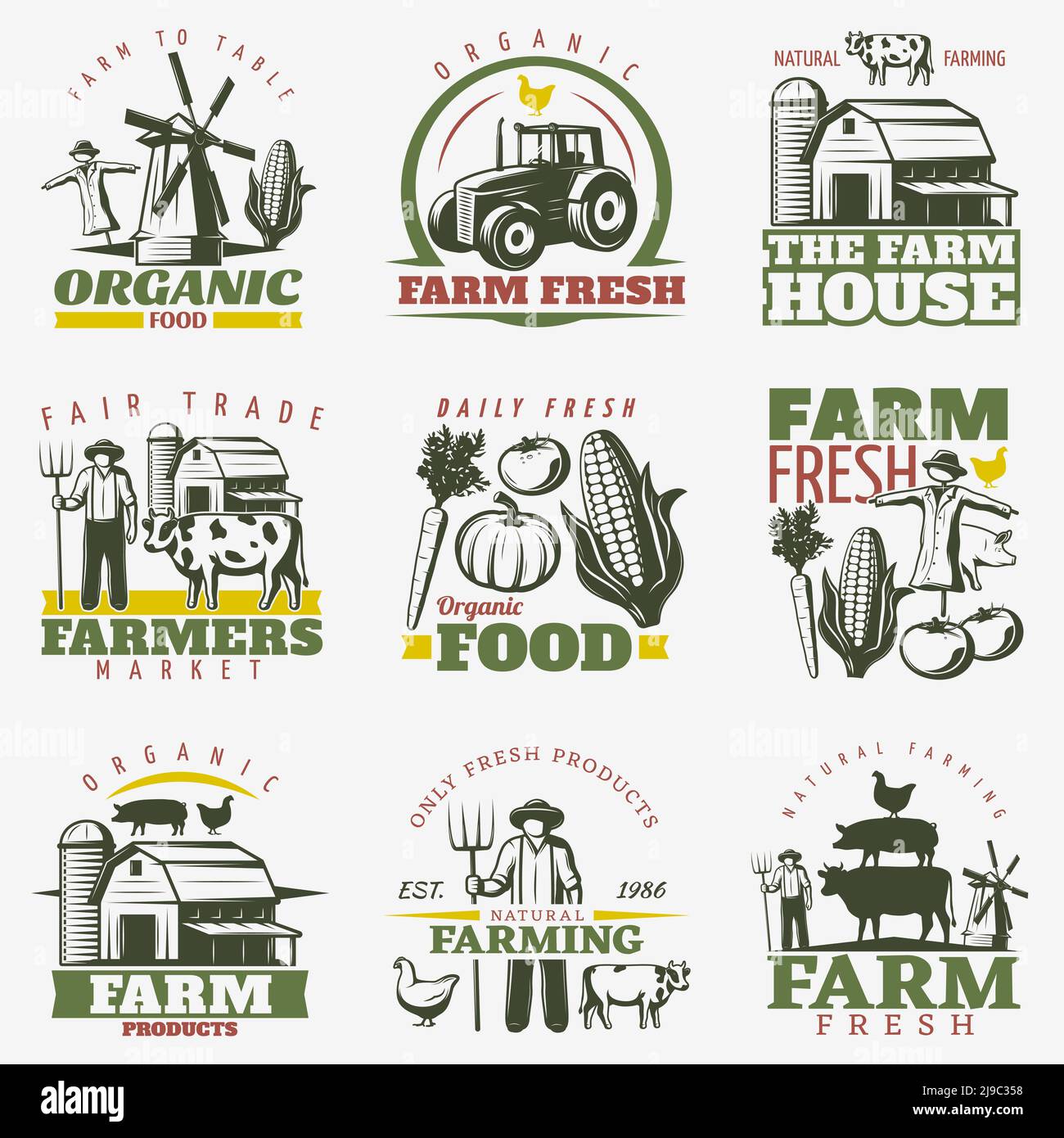 Isolated farming emblems set with food animals vegetables organic products farmer tractor symbols and editable captions vector illustration Stock Vector