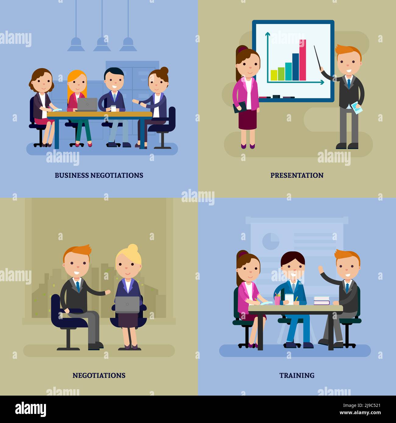 Business negotiation flat template with people at meeting brainstorming conference and training vector illustration Stock Vector