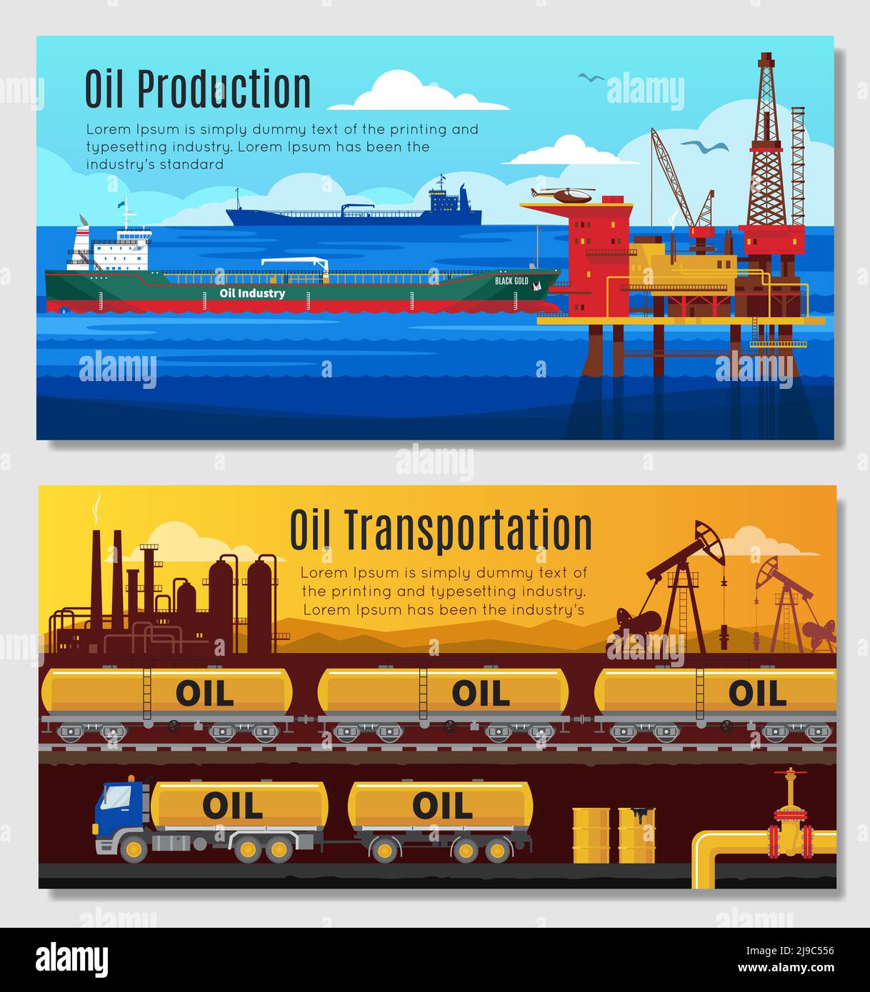 Oil industry horizontal banners with petroleum extraction and refining