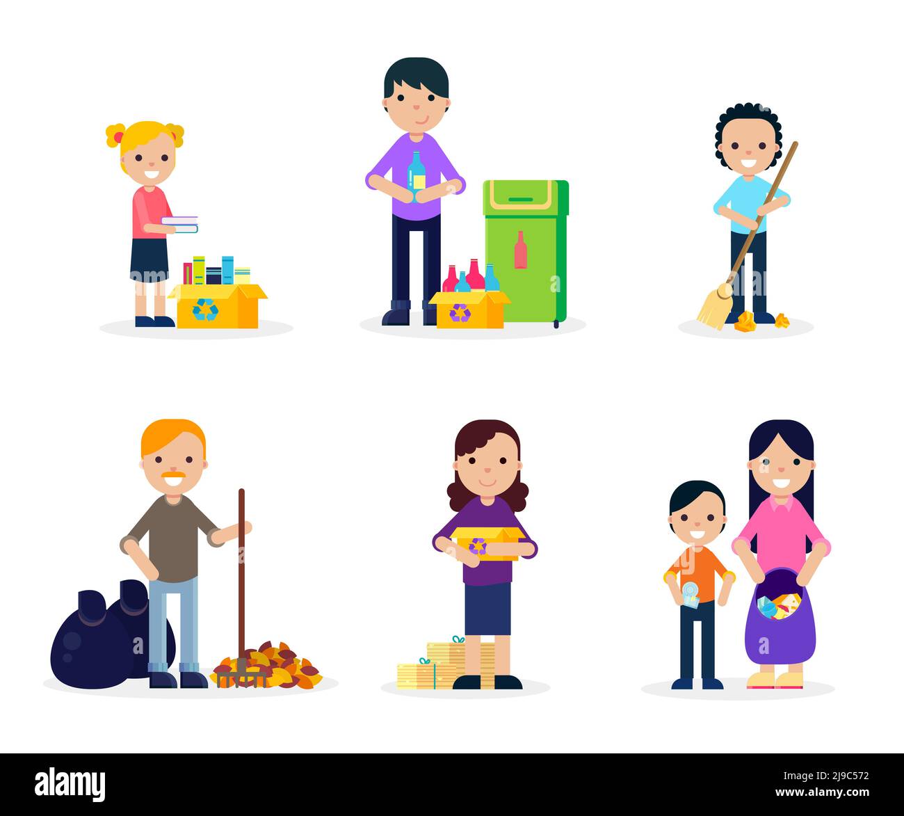 Garbage cleaning flat set of people gathering collecting and sorting waste isolated vector illustration Stock Vector
