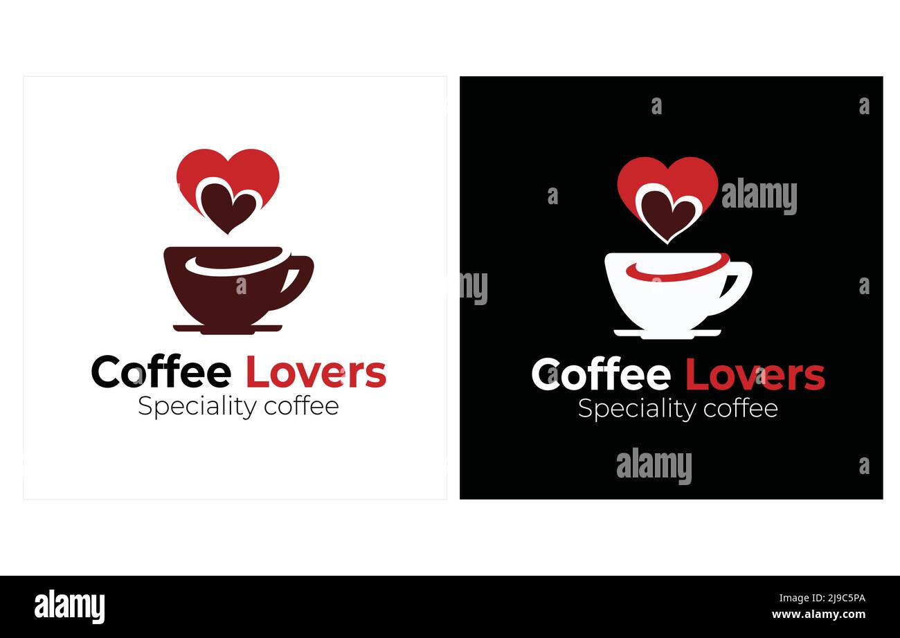 Coffee Lovers vector logo, coffee cup with a heart shape of red and brown color, logo in two times with white and black background. Stock Vector