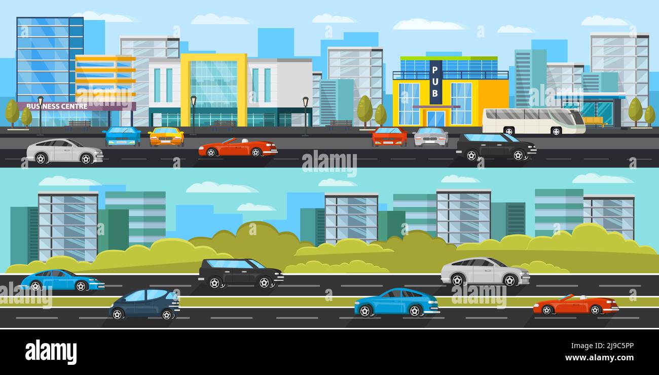 Urban traffic horizontal banners with different colorful automobiles on ...