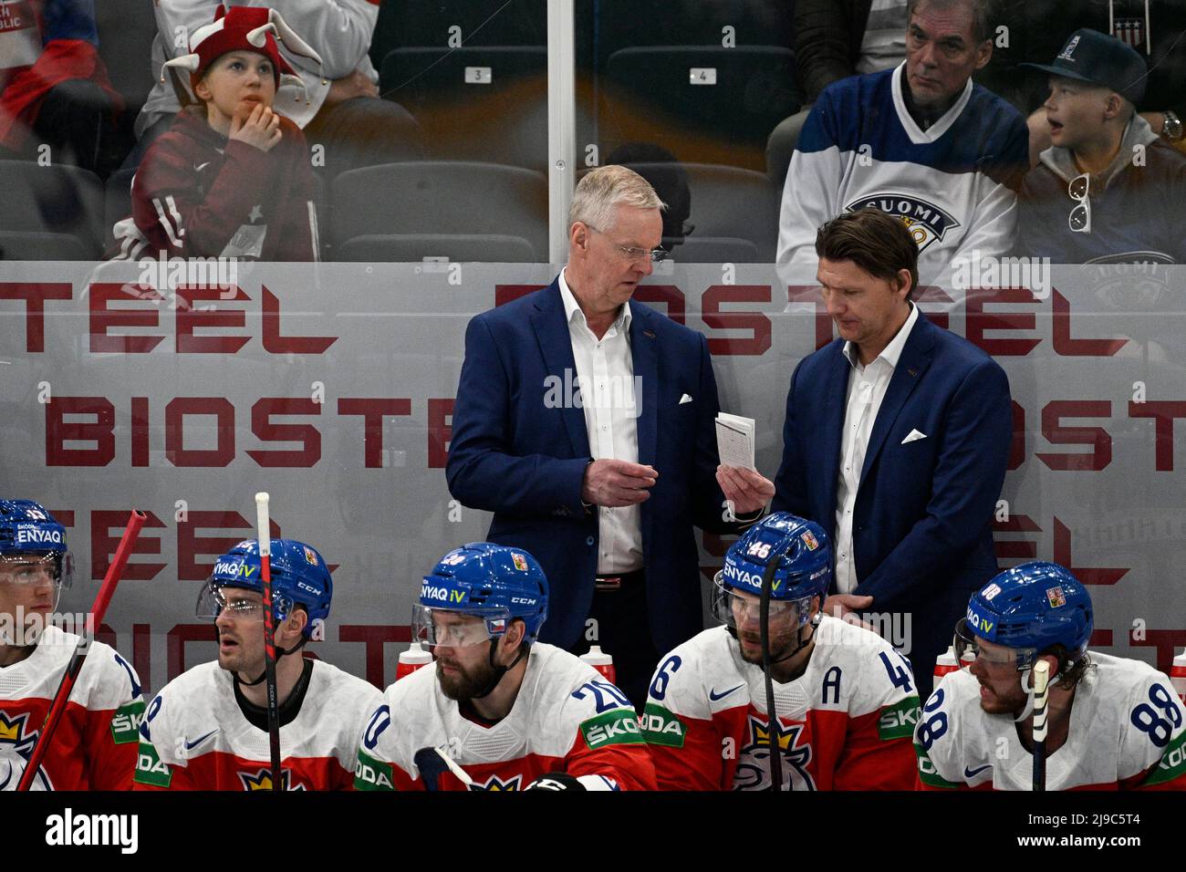 Kari Jalonen, coach of Czech team, left, and his assistant Martin Erat  during the Ice Hockey World Championship Group B match Czech Republic vs  Norway in Tampere, Finland, May 21, 2022. (CTK