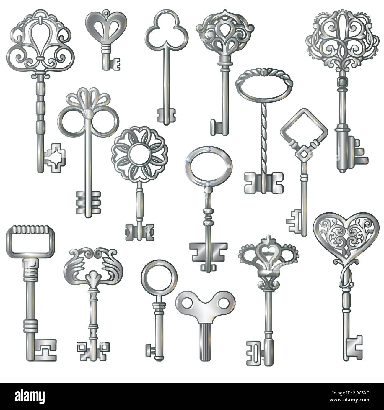Isolated monochrome images of vintage silver door and clock keys with decorative patterns on blank background vector illustration Stock Vector